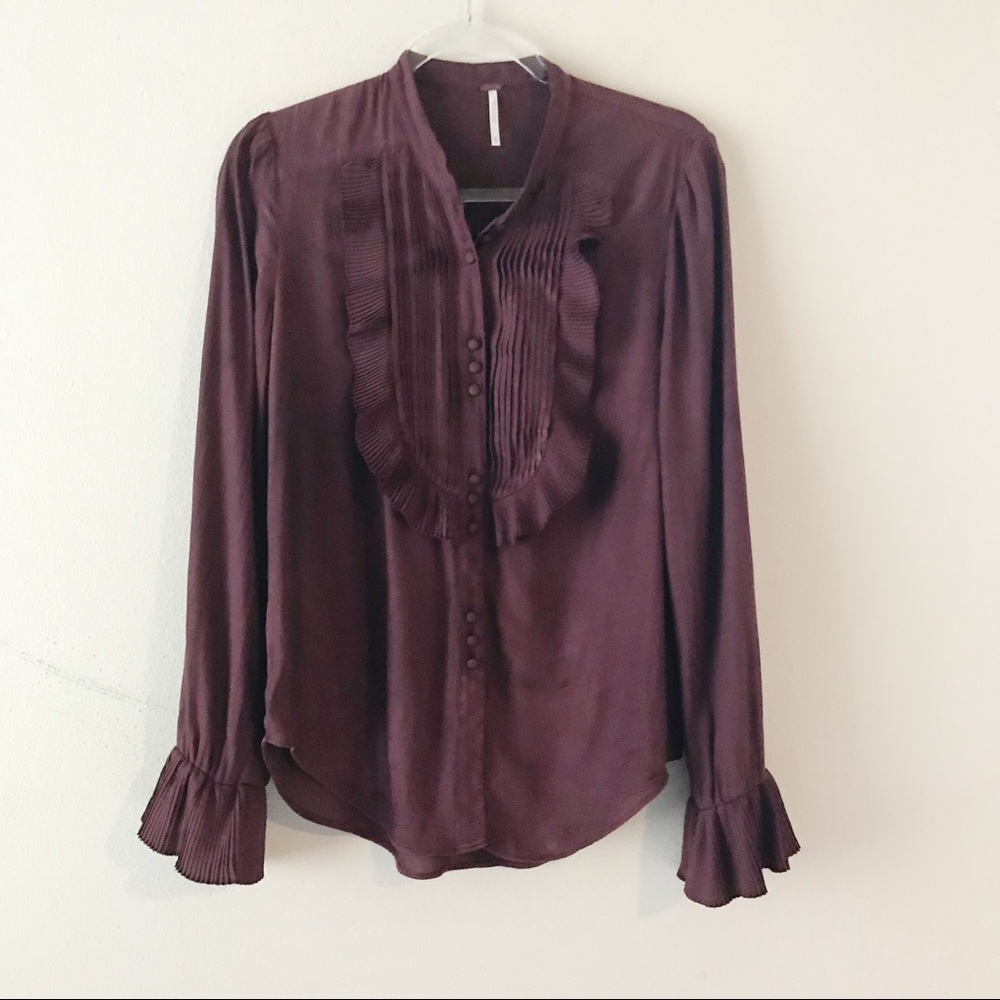 Free People burgundy ruffle button down blouse